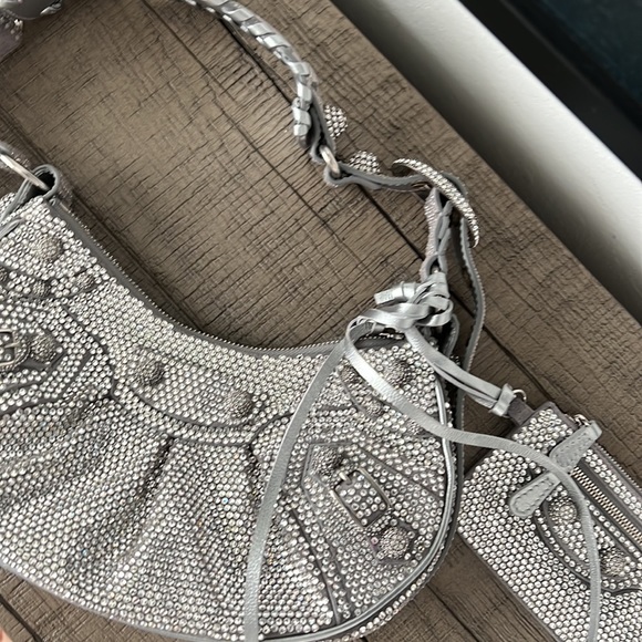 Balenciaga WOMEN'S LE CAGOLE XS SHOULDER BAG WITH RHINESTONES IN GREY - Picture 4 of 6